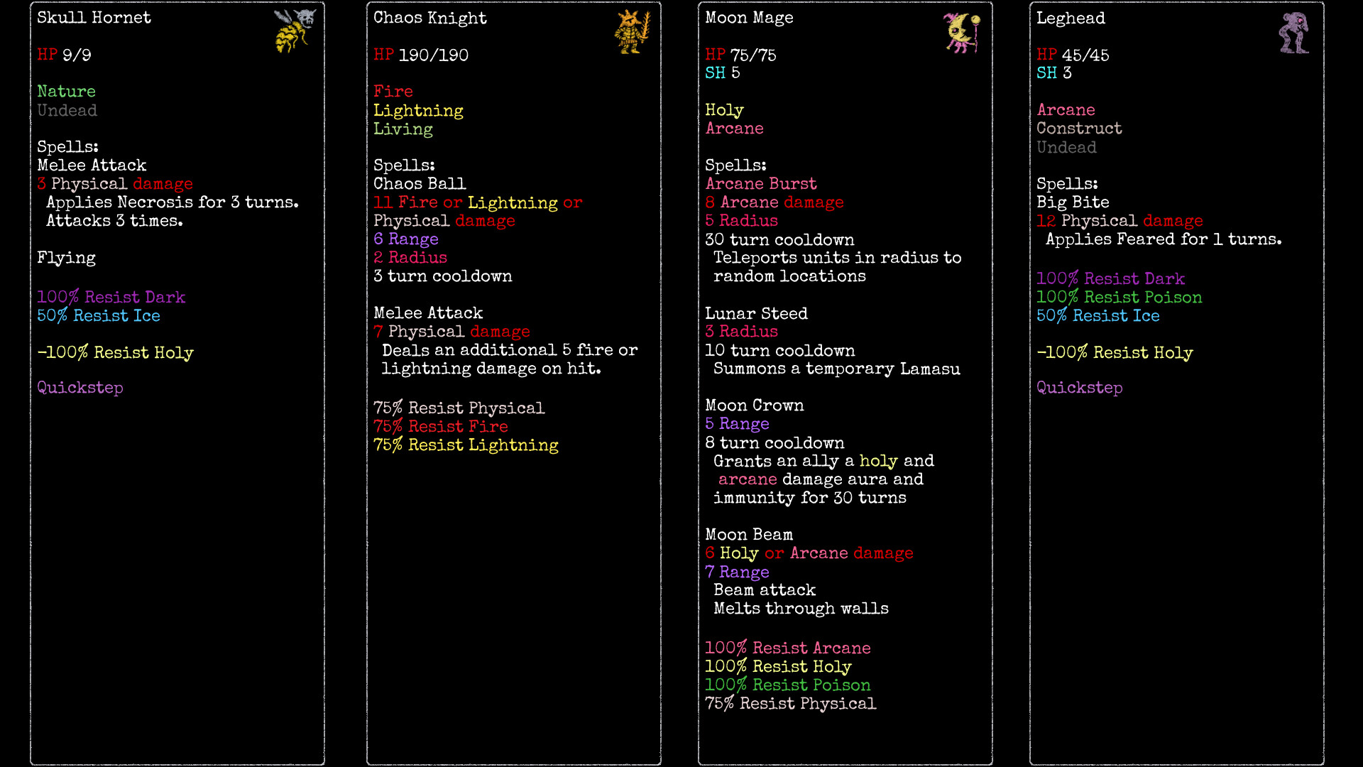 Rift Wizard 3 bestiary — Skull Hornet, Chaos Knight, Moon Mage, and Leghead enemy stat compendium with resistances and abilities