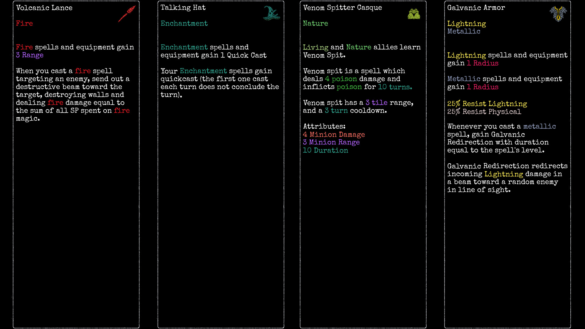 Rift Wizard 3 equipment card showcase — Volcanic Lance, Talking Hat, Venom Spitter Casque, and Galvanic Armor