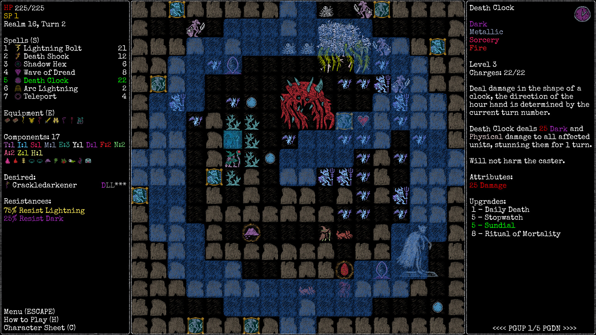 Death Clock spell in combat — Rift Wizard 3 Realm 16 dealing Dark and Physical damage in a clock pattern with tentacle demon boss