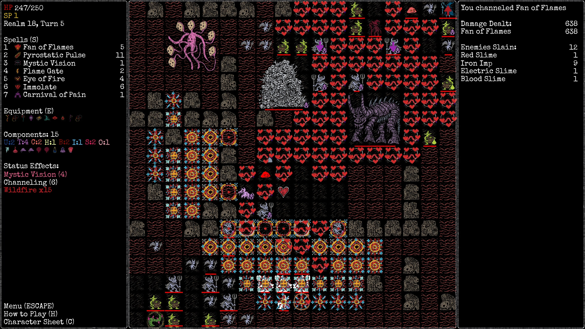 Fan of Flames spell clearing 12 enemies for 638 damage in Rift Wizard 3 Realm 18 — iconic Fire school AOE moment
