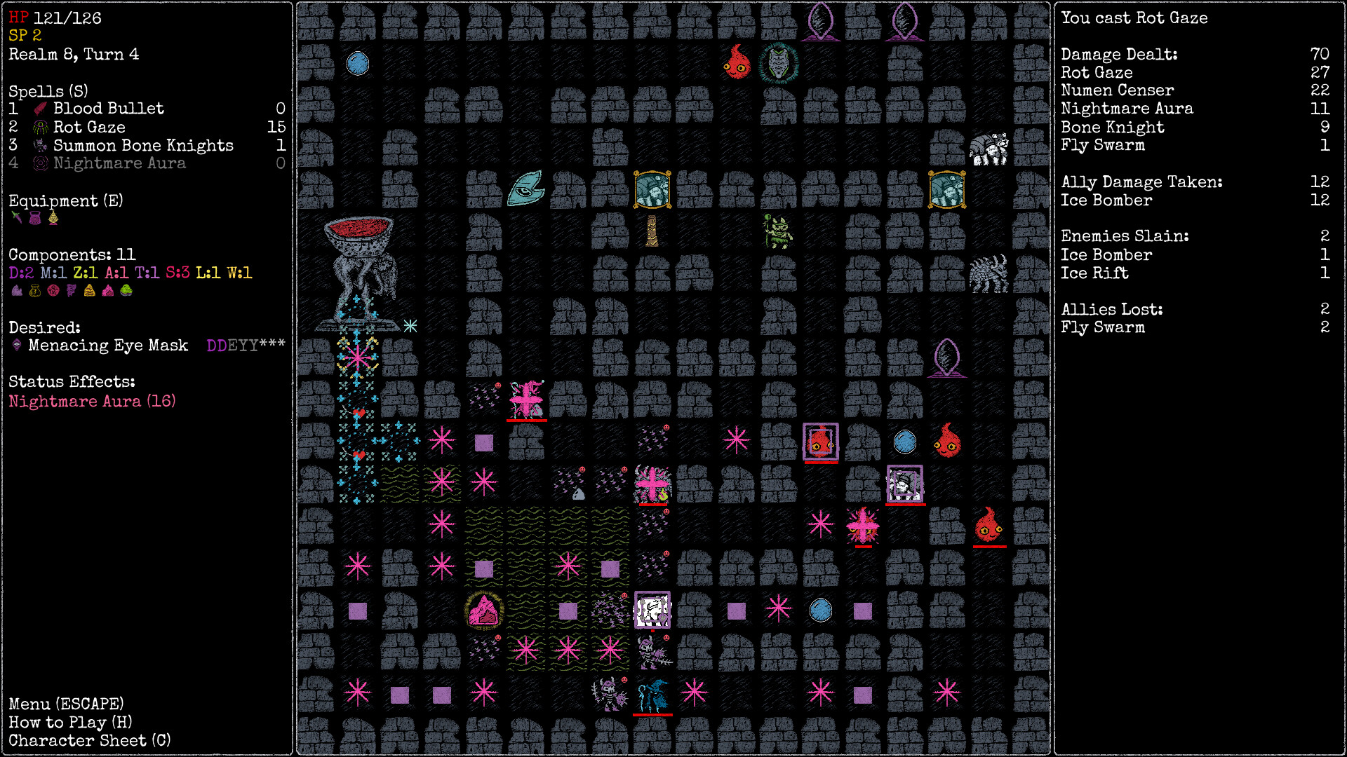 Rot Gaze spell in action — Rift Wizard 3 Realm 8 showing Bone Knight summons and Nightmare Aura covering the battlefield