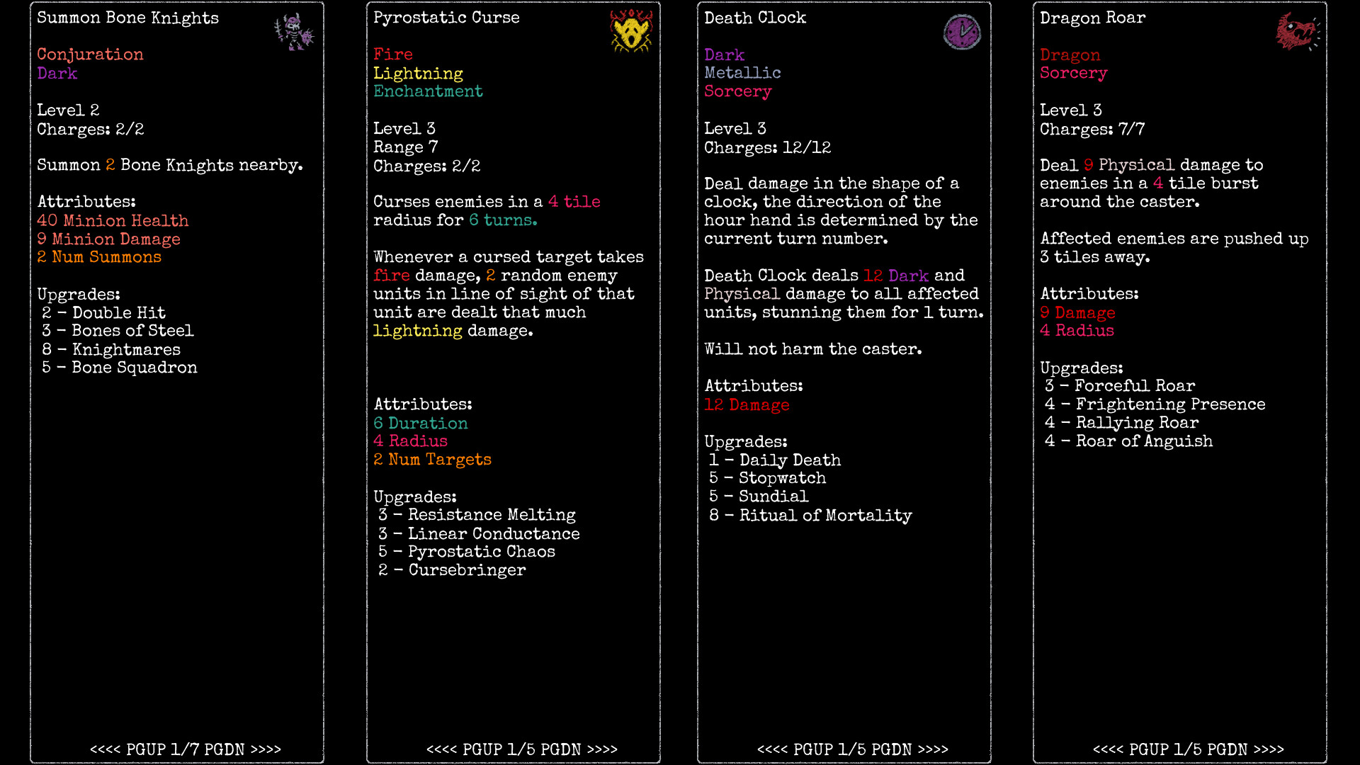 Spell library showcase — Summon Bone Knights, Pyrostatic Curse, Death Clock, and Dragon Roar upgrade cards in Rift Wizard 3
